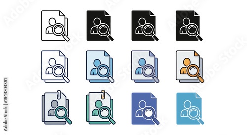 Set of colorful user profile and search icons in multiple colors and styles for graphic resources.
