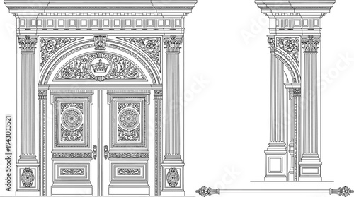 Ornate classical doorway elevation with carved columns, arched pediment, and decorative details, luxury architectural line art illustration for heritage design projects
