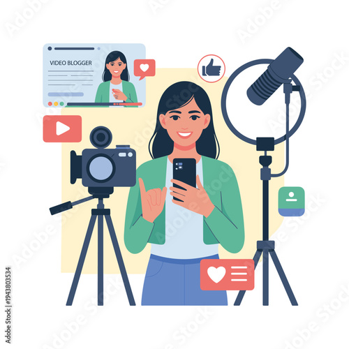 Woman video blogger broadcasts online streaming