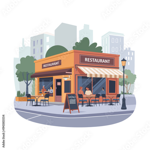 Restaurant exterior with outdoor seating area