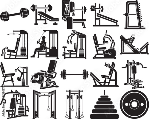Black silhouette icons depicting various gym equipment for strength training and fitness