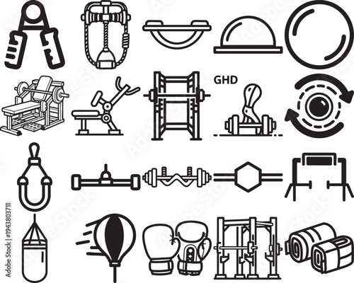 Collection of black and white line art depicting various gym and fitness equipment