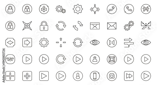 Collection of gray outline icons for media and user interface symbols.