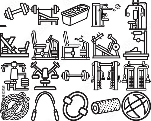 Line art illustration depicting various gym equipment and fitness accessories