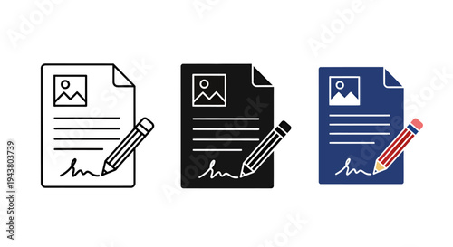 Abstract document and pencil icon set illustrating paperwork and editing concepts in three color styles.
