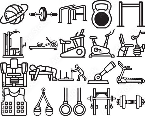 Line art illustration of various gym equipment and fitness related objects