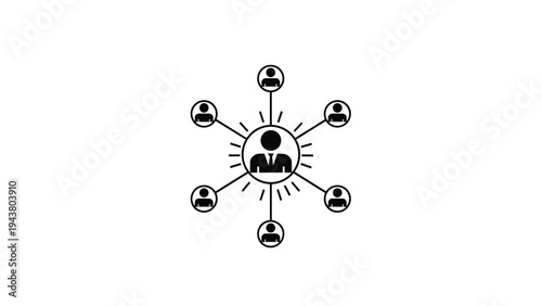 Central person icon radiating lines to other person icons, symbolizing leadership, network influence, and central authority.