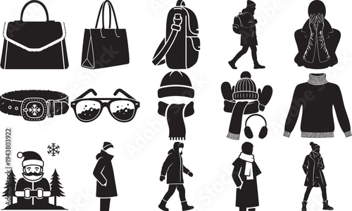 Black silhouettes of winter accessories clothing and people against a white background