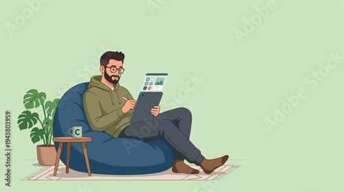 Man sitting on beanbag chair using tablet computer.