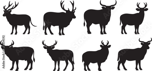 Eight Different Black Silhouettes of Deer and Cattle animal white background