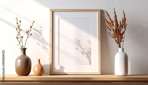 Minimalist home decor with framed art and vases on wooden shelf.