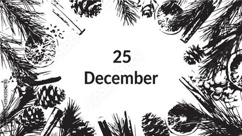 A festive illustration of christmas trees and ornaments surrounding the date december 25th