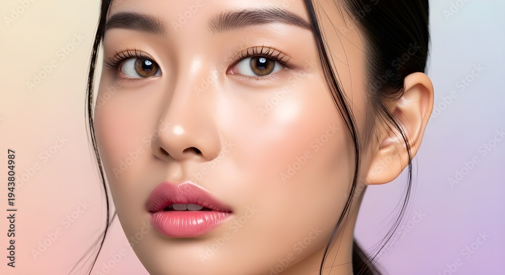 Fototapeta premium 透明感のある肌とピンクの唇を持つ若いアジア人女性の顔のクローズアップ