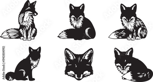 Five black and white fox silhouettes isolated on white background