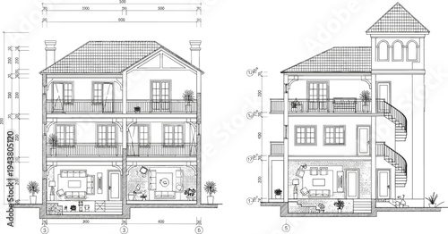 Detailed residential house architectural elevation and section drawings with dimensions, balconies, and stairs, technical blueprint illustration for construction and real estate design