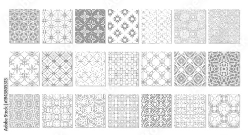 Collection of 30 intricate geometric patterns in monochrome presented as a grid