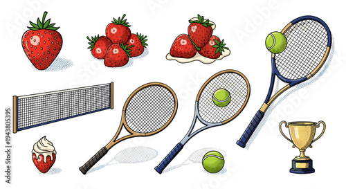 Strawberry tennis collection rackets balls net trophy and fruit desserts