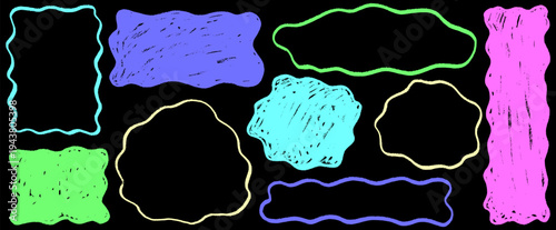 Simple shape and rectangle sketch a frame, organic and wavy lines around square, doodle border and crayon strokes give life to shape and rectangle frame.