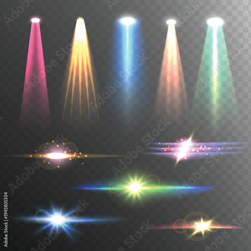 Colorful Spotlight and Lens Flare Light Effects Set, Stage Lighting Beams and Glow Stars Isolated on Transparent Background