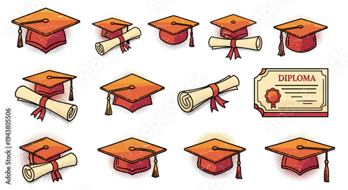 Collection of graduation caps and diplomas icons symbolizing education achievement