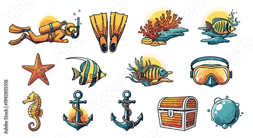 Collection of colorful underwater ocean sea life and diving equipment icons