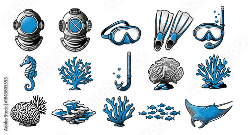 Vintage diving helmet snorkel gear coral reefs seahorse manta ray and fish