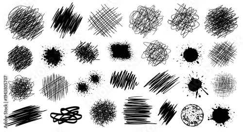 Collection of hand drawn black ink splatter and scribble brush stroke elements