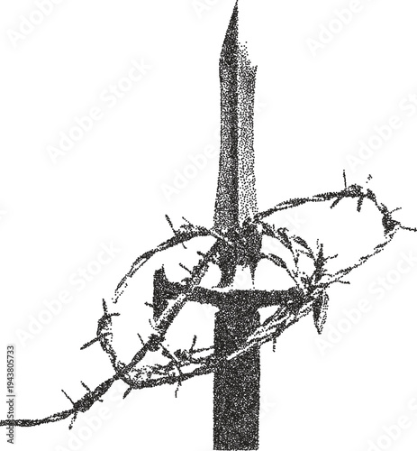 Dagger vintage y2k stipple art, blade halftone stipple brutalist retro vector png with transparent background, steel 2000s aesthetic photocopy effect tattoo