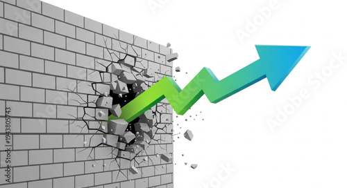 Green arrow breaking brick wall.