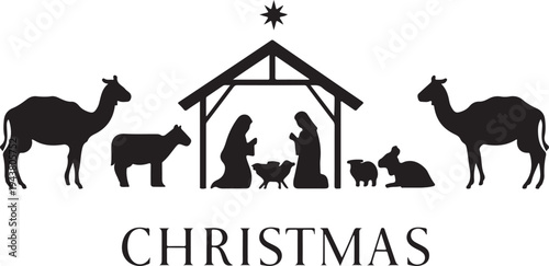 A festive nativity scene with camels and the word christmas underneath