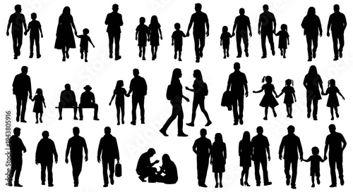 Diverse black silhouettes of people walking holding hands and sitting together