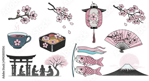 Japanese cultural icons collection cherry blossoms tea lantern fan torii gate koi