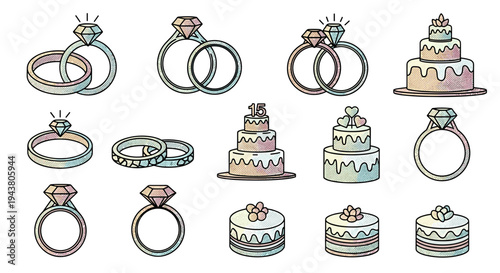 Wedding rings and cakes collection symbols of love celebration and sweet beginnings