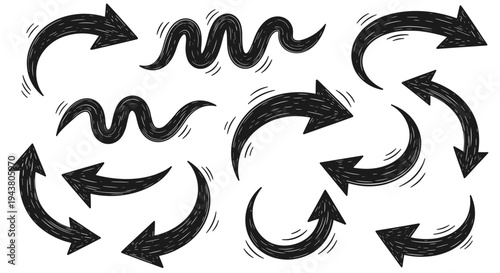Collection of hand drawn black arrows and wavy lines on a white background