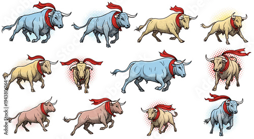 Dynamic collection of stylized bulls in various poses with red scarves expressing