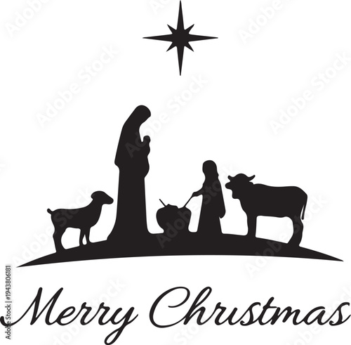 Silhouette of nativity scene with animals and star of bethlehem