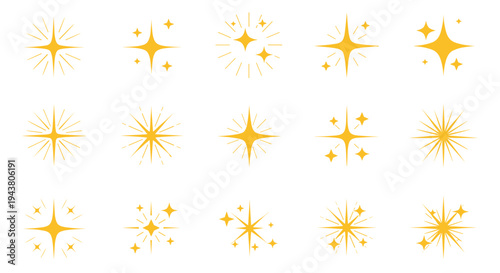 Collection of golden sparkling starbursts and shines isolated on white background