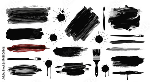 Collection of black ink splatters brush strokes and paint splashes on white