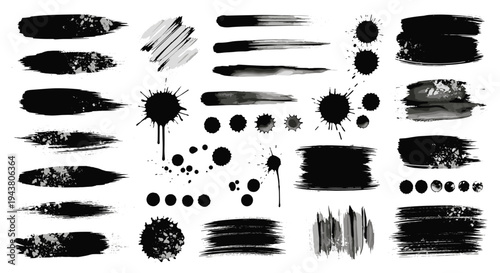 Collection of black ink splatter and brush stroke textures for artistic backgrounds