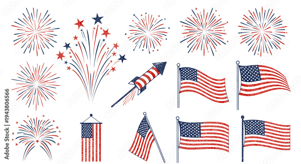 Obraz premium Collection of festive american flags waving and fireworks exploding in celebration