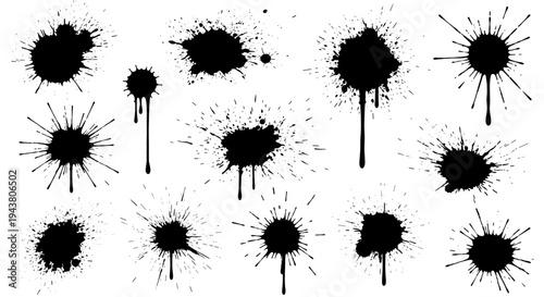 Collection of black ink splatter and drips isolated on white background