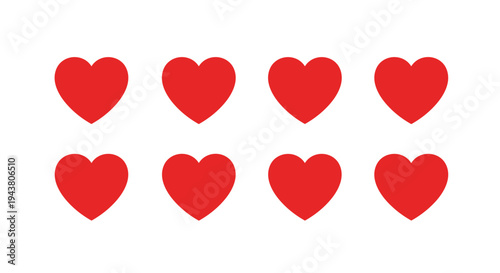 Eight red hearts arranged in two rows on a clean white background symbolizing love
