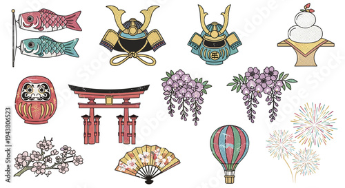 Japanese cultural symbols collection samurai helmet torii gate koi fish banner