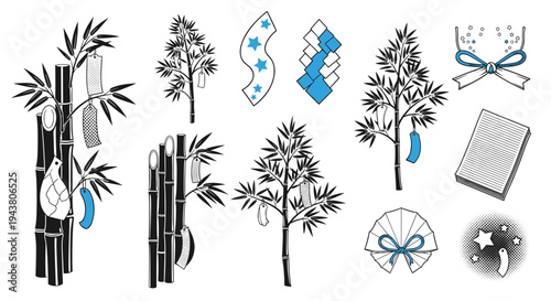 Japanese tanabata festival elements bamboo star ornaments and wishes on white