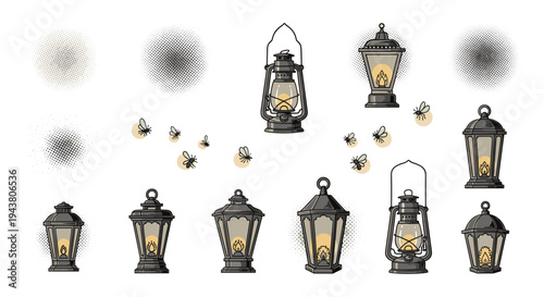 Collection of vintage lanterns and glowing fireflies on a white background ambient