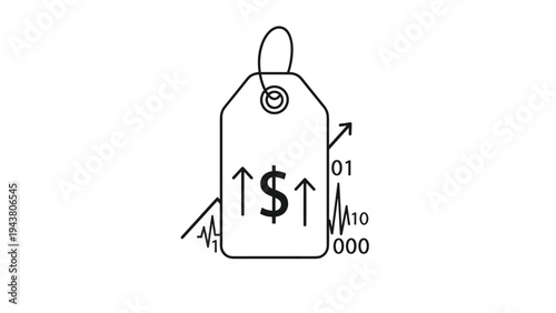 Financial market trends with a price tag, dollar sign, upward arrows, and data, indicating rising costs and economic growth.