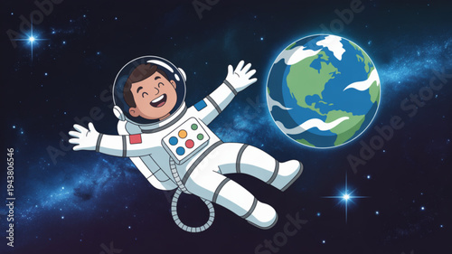 Astronaut floating in space with a smiling face near the earth wearing a white spacesuit with colorful patches against a starry night background with blue nebula