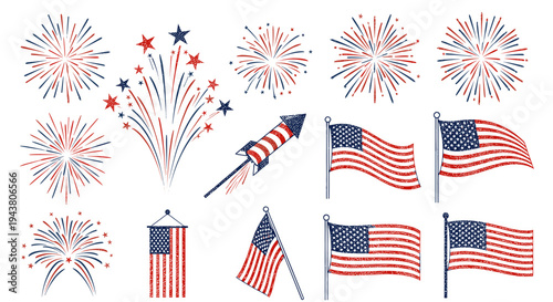Collection of festive american flags waving and fireworks exploding in celebration