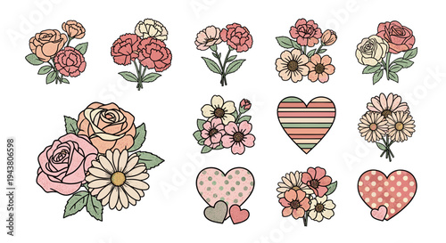 Charming hand drawn floral bouquets and heart shapes with vintage palette for decor