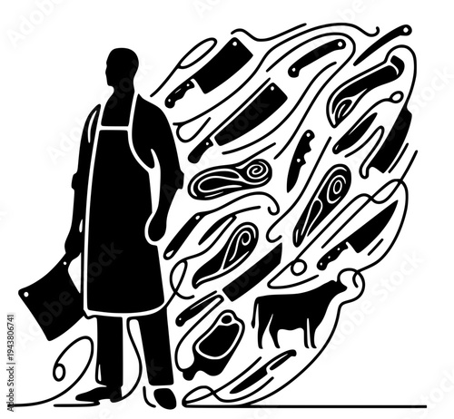 Butcher silhouette with meat and knives vector illustration. Stylized black and white butchery design isolated on white background